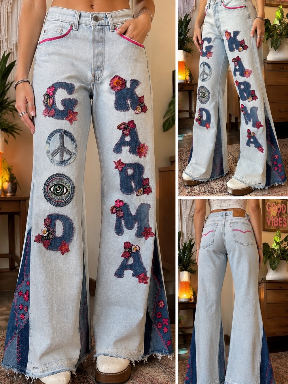 Upcycled Levi’s 501 GOOD KARMA Jeans | Custom Flare Leg | Peace Sign & Eye Art - Picture 10 of 10